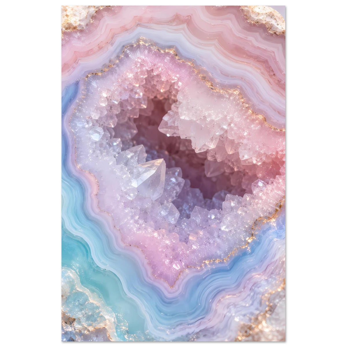 Poster im Hochformat mit türkisblauem Innenbereich, rosa-violetten Kristallen und geschichteten Ringen