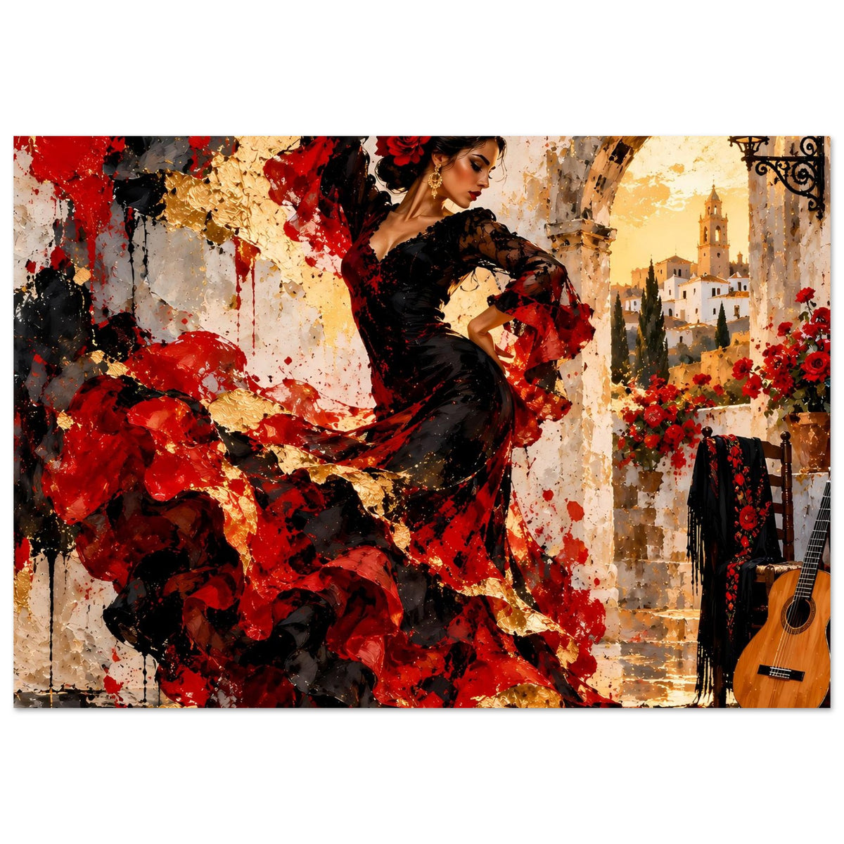 Poster mit Flamenco-Tänzerin in schwarzem Kleid, roter Farbexplosion und Dekorationen