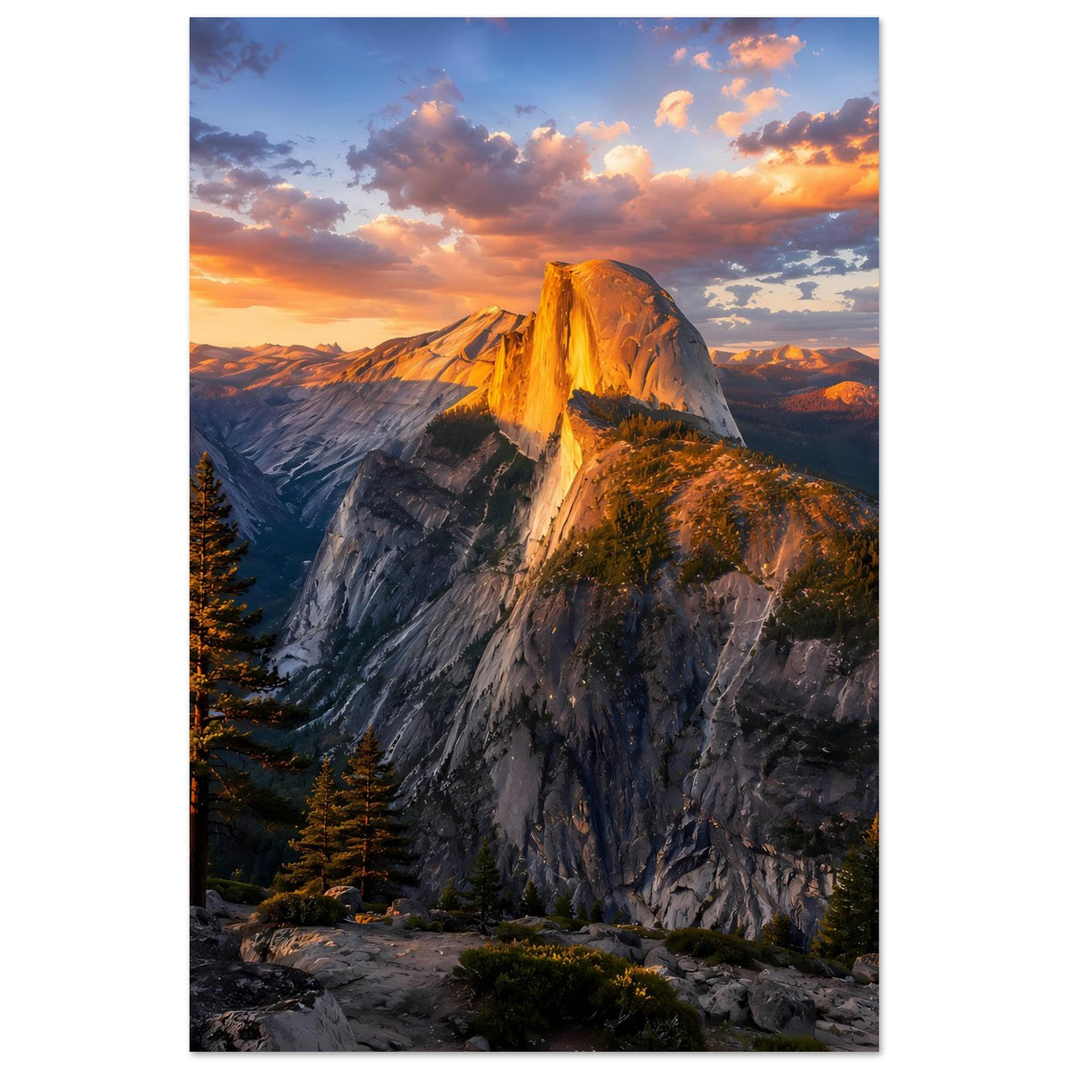 Hochformat-Poster: Berglandschaft mit goldenem Gipfellicht und Tannen