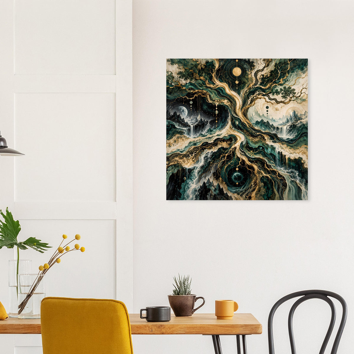 Gerahmtes Poster mit mystischem Baum, sternenähnliche Punkte, blaugrüne und goldene Farbverläufe