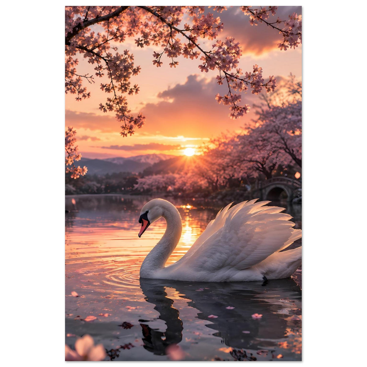 Hochformatiges Poster: weißer Schwan im Vordergrund, See mit Abendsonne und Blütenästen