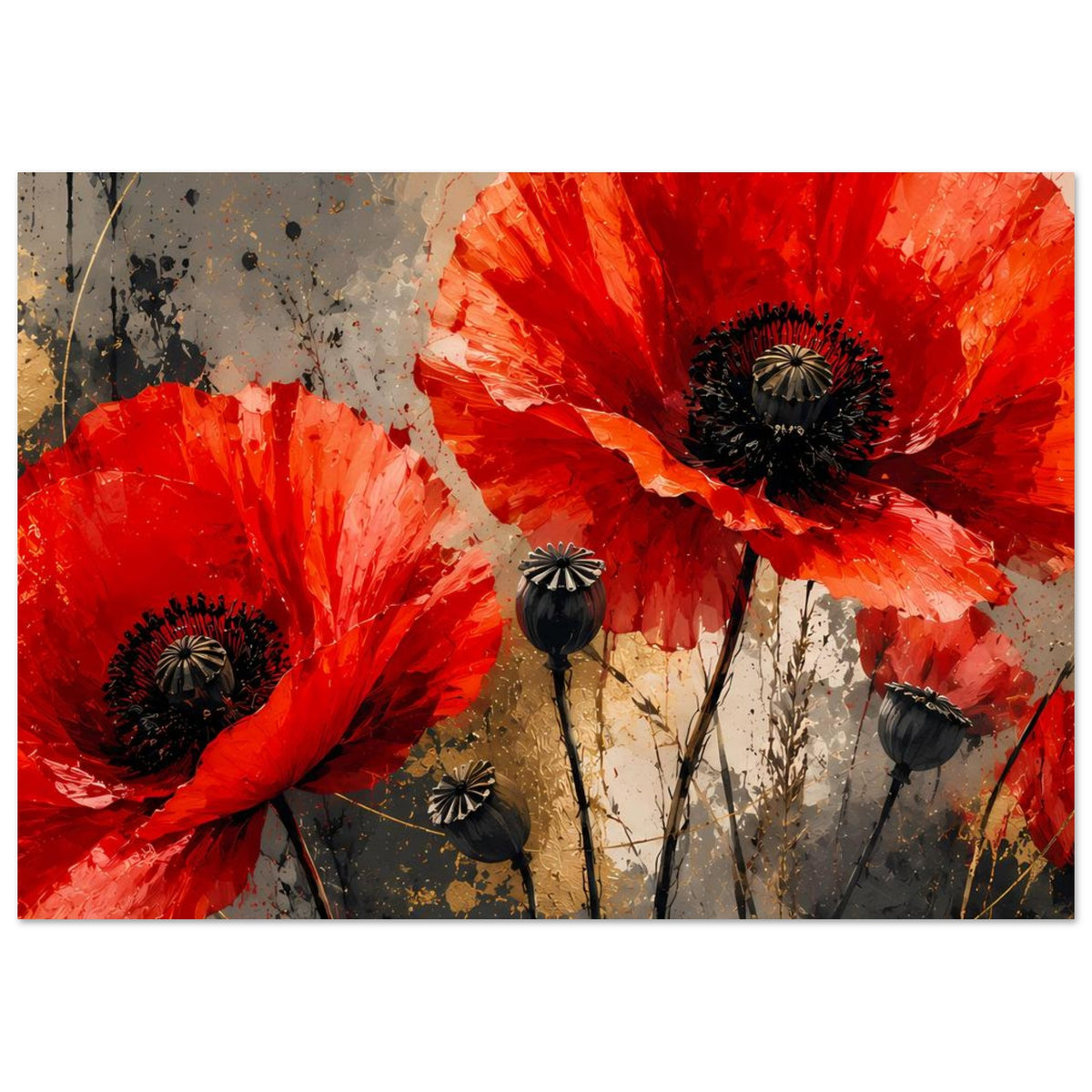 Poster mit roten Mohnblüten und schwarzen Blütenkernen auf matter Papieroberfläche