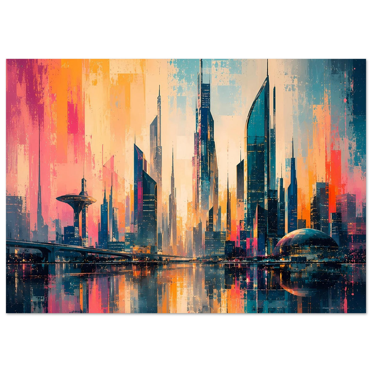 Stadtposter mit Skyline aus Wolkenkratzern, Reflexion im Wasser und Farbverlauf in Orange-Blau