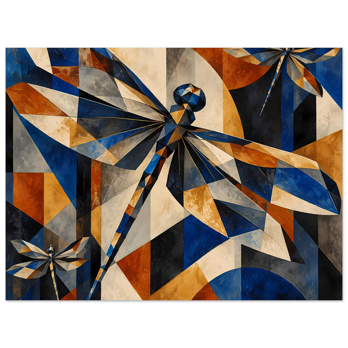 Kunstposter mit zwei abstrakten Libellenmotiven und geometrischen Flügeln in Blau-Kupfer