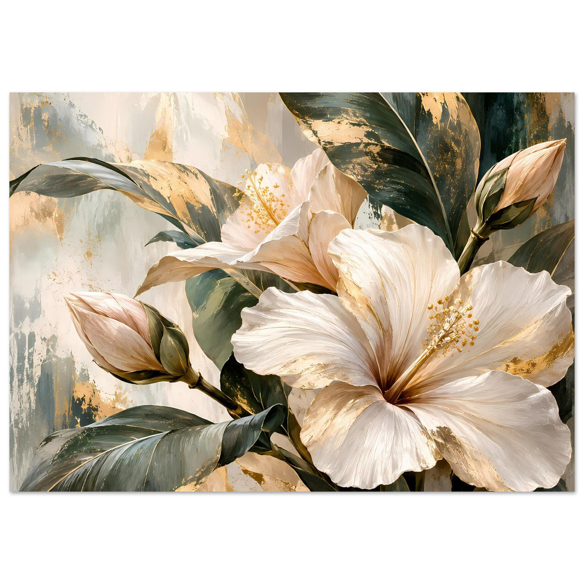 Blumenposter mit weißen und beigen Blüten, grünen Blättern und goldenen Akzenten