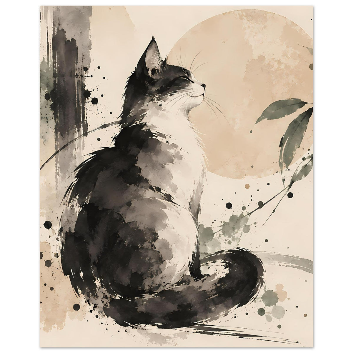 Poster mit sitzender Katze im Hochformat, Schwarz- und Grautöne, Hintergrund mit Farbspritzern