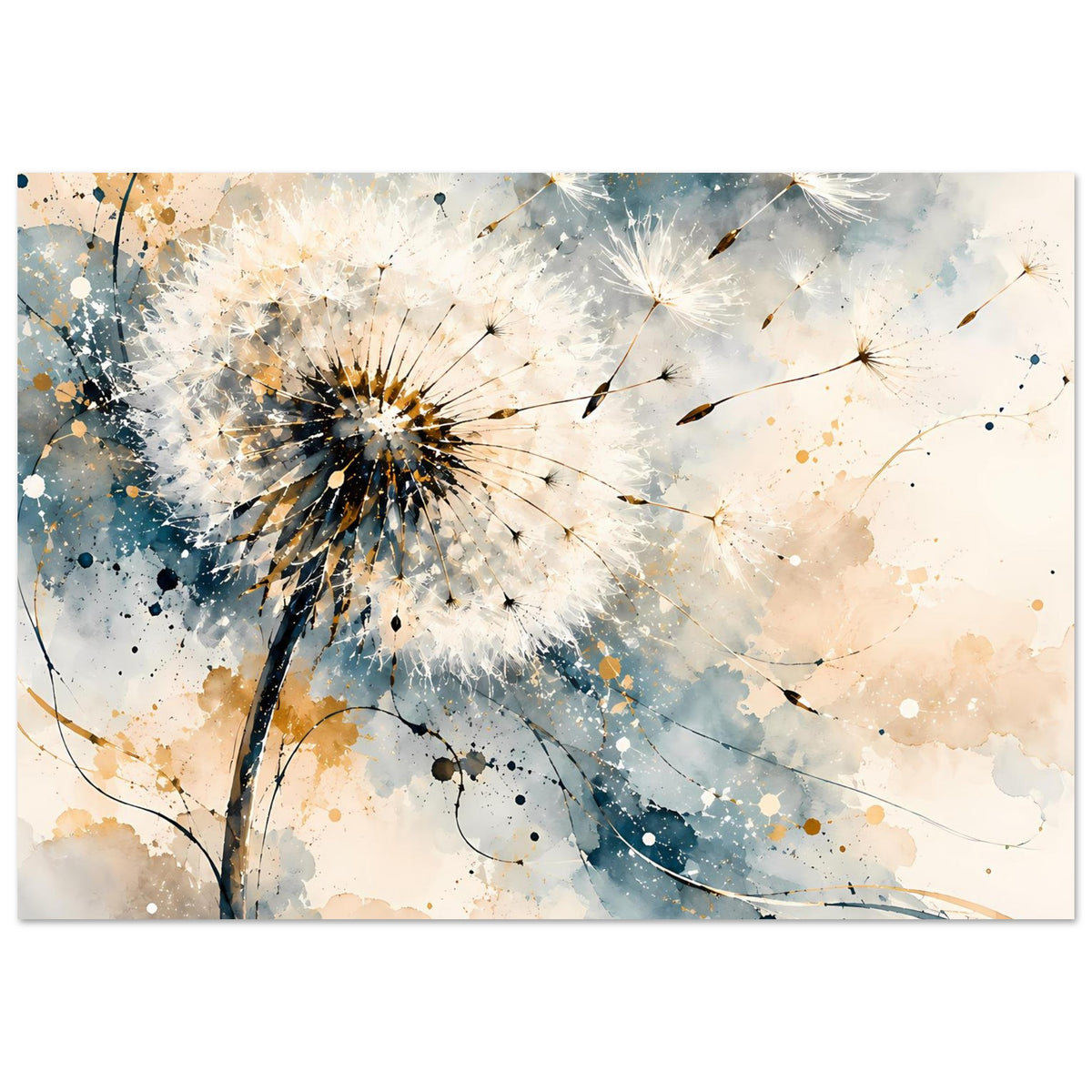 Kunstposter mit Pusteblumenmotiv und goldenen Spritzern, blau-grauer Farbverlauf, rechteckig