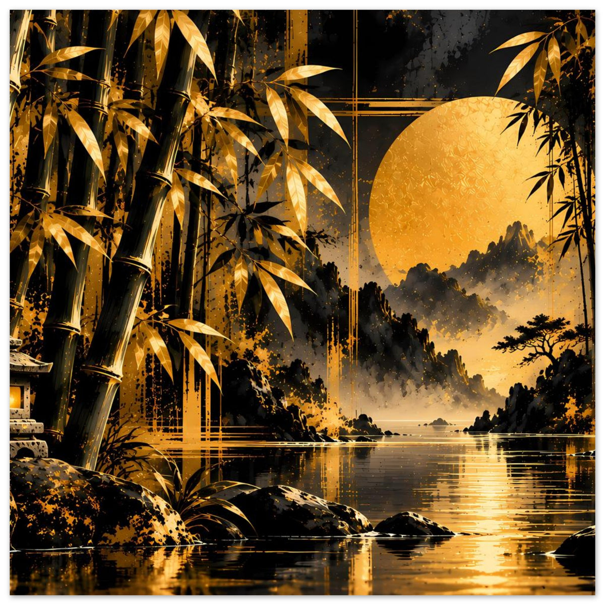 Poster mit goldenen Bambuszweigen, Abendlandschaft und Wasserreflexion, vertikal