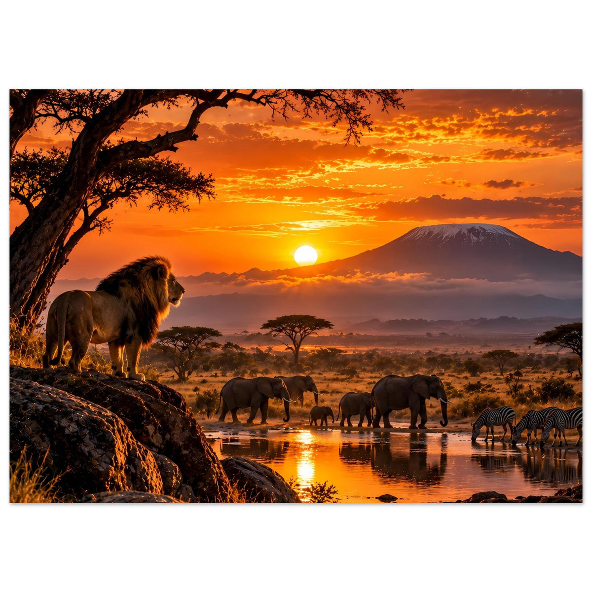 Safari-Poster im Querformat: Löwe, Elefanten und Zebras spiegeln sich im Fluss bei Sonnenuntergang