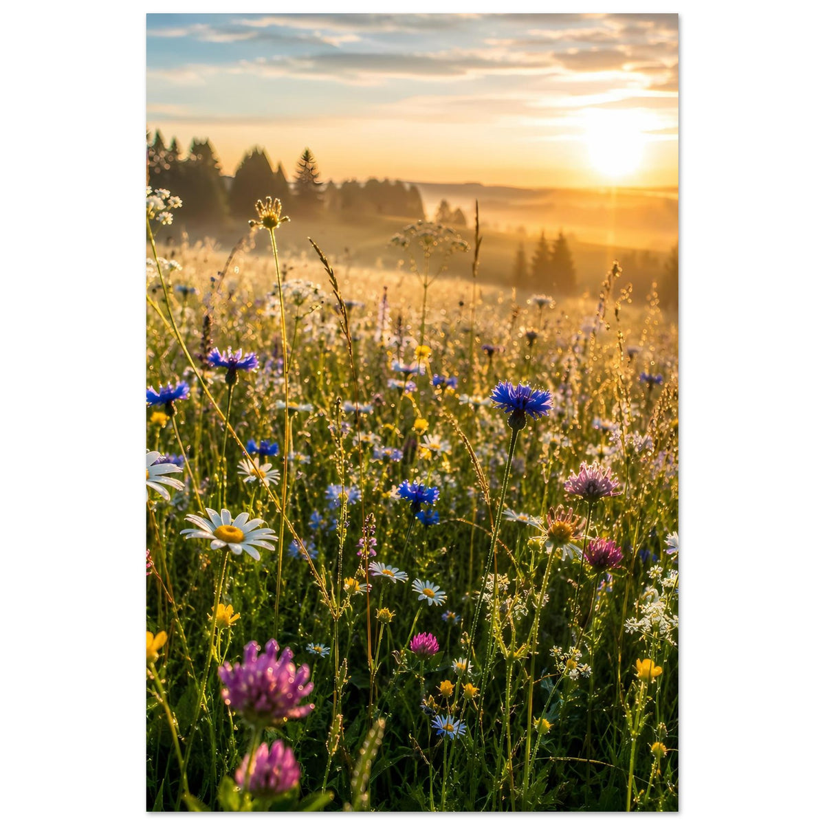 Wildblumenwiese-Poster im Hochformat mit bunten Blumen und tiefstehender Sonne