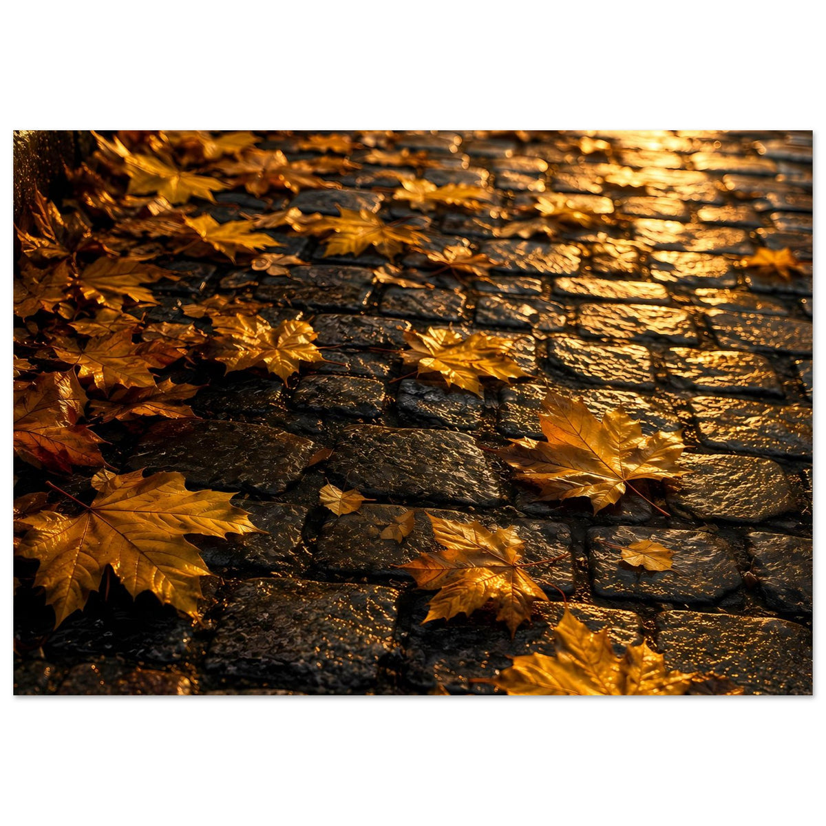 Herbstposter mit goldenen Blättern auf dunkler Steinwand, horizontal