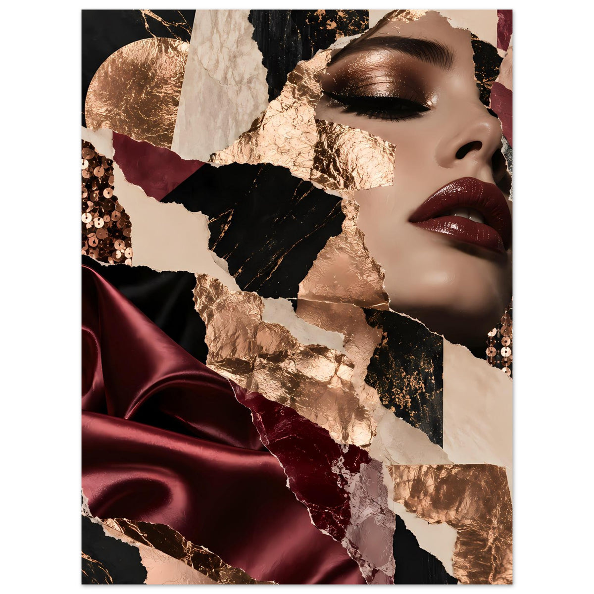 Poster im Hochformat mit Frauenkopf: bordeauxroter Satin, Goldfolie, dunkle Kontraste, Pailletten