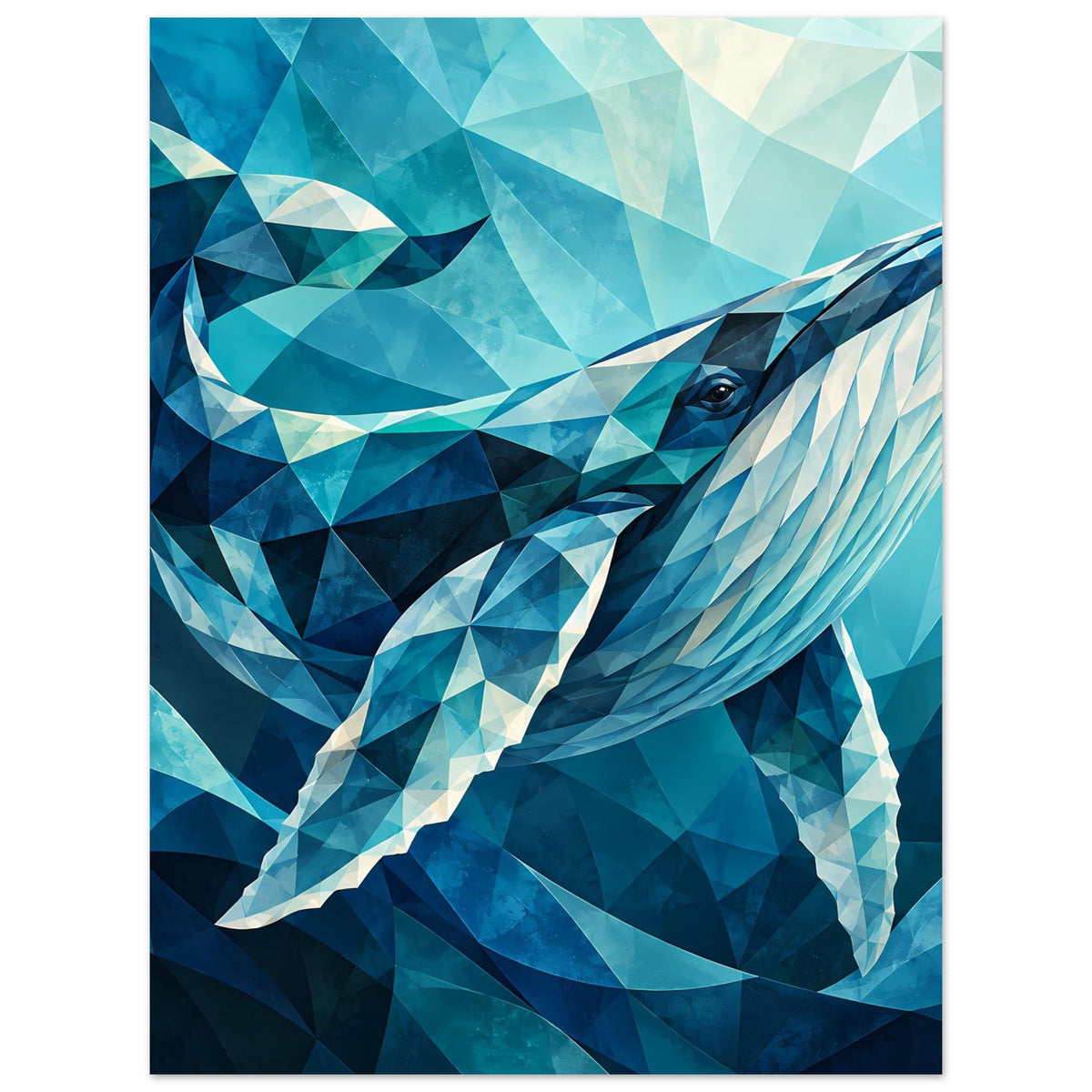 Geometrisches Blauwal-Poster im Hochformat, türkisblaues Dreiecksmuster und Augenblick