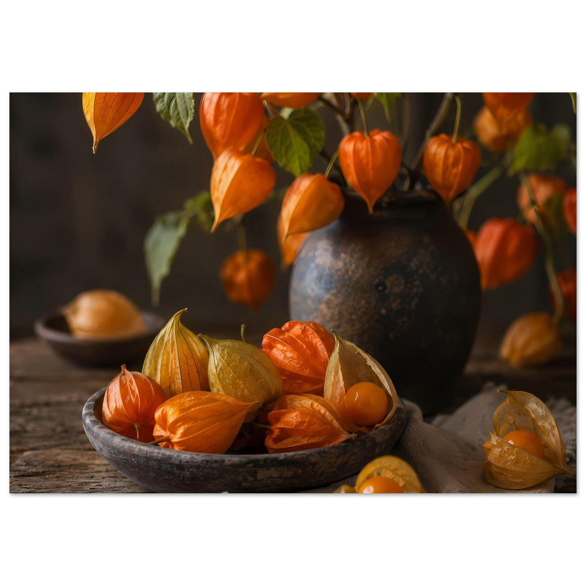 Herbstliches Stillleben-Poster, Querformat: orange Kürbisfrüchte in Schüssel vor dunkler Vase