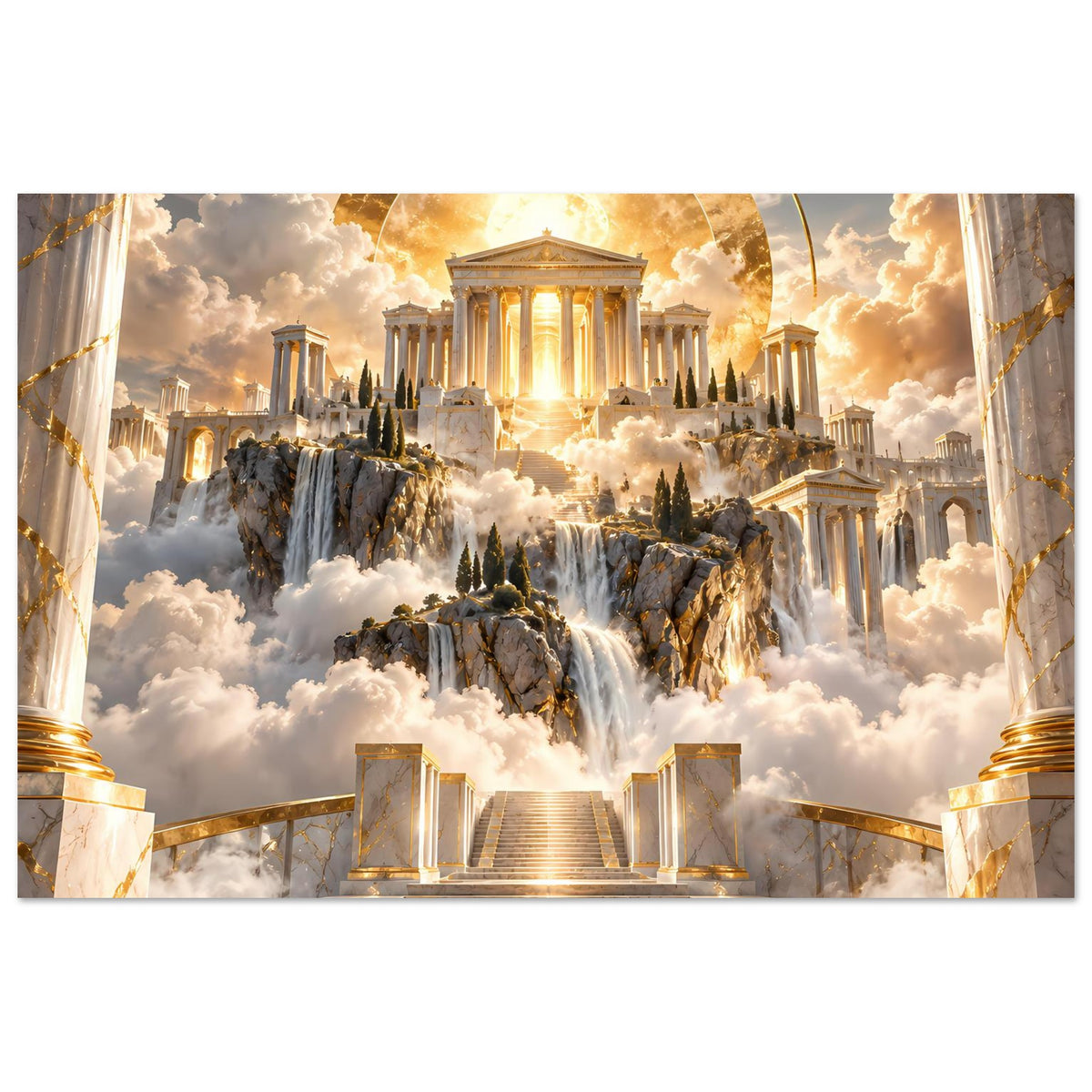 Landschafts-Poster mit Tempelruine, goldenem Lichtschein, Wasserfall und Wolkenlandschaft