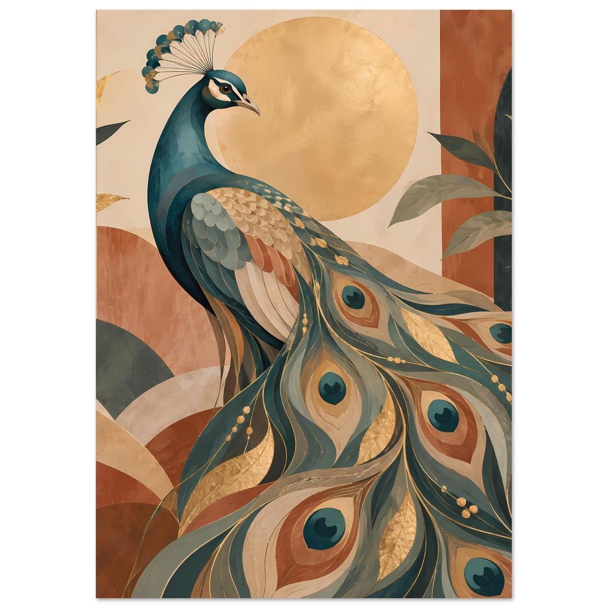 Vertikales Poster mit Pfau und Kreis-Hintergrund, warmen Erdtönen, goldfarbenen Verzierungen