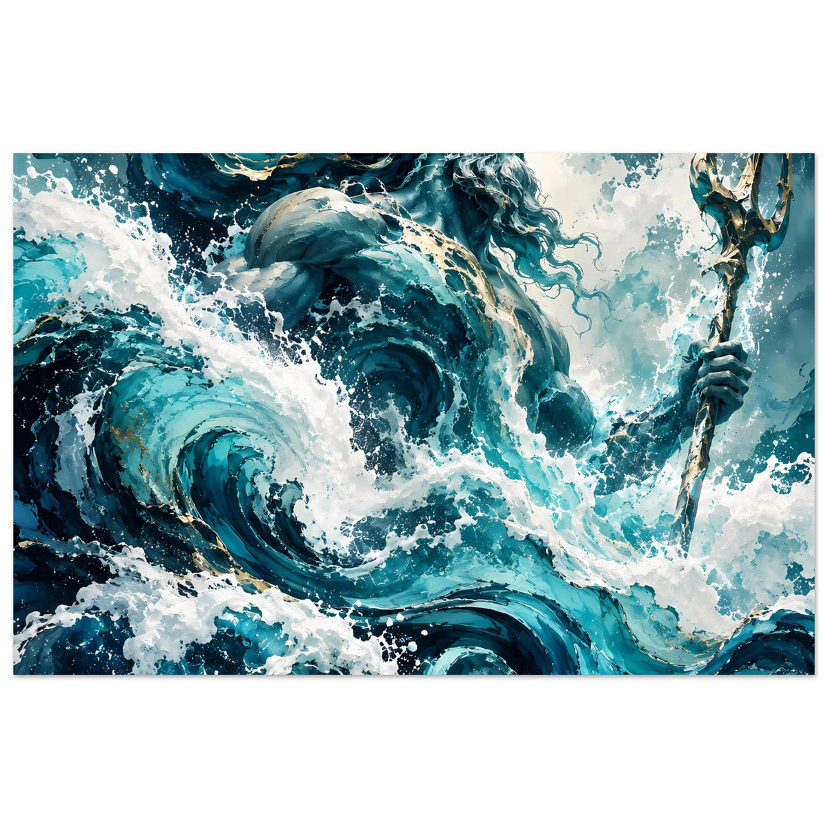 Poster mit Meer-Gott-Motiv: blaue Wellen, weißer Gischt und goldene Akzente am Dreizack.
