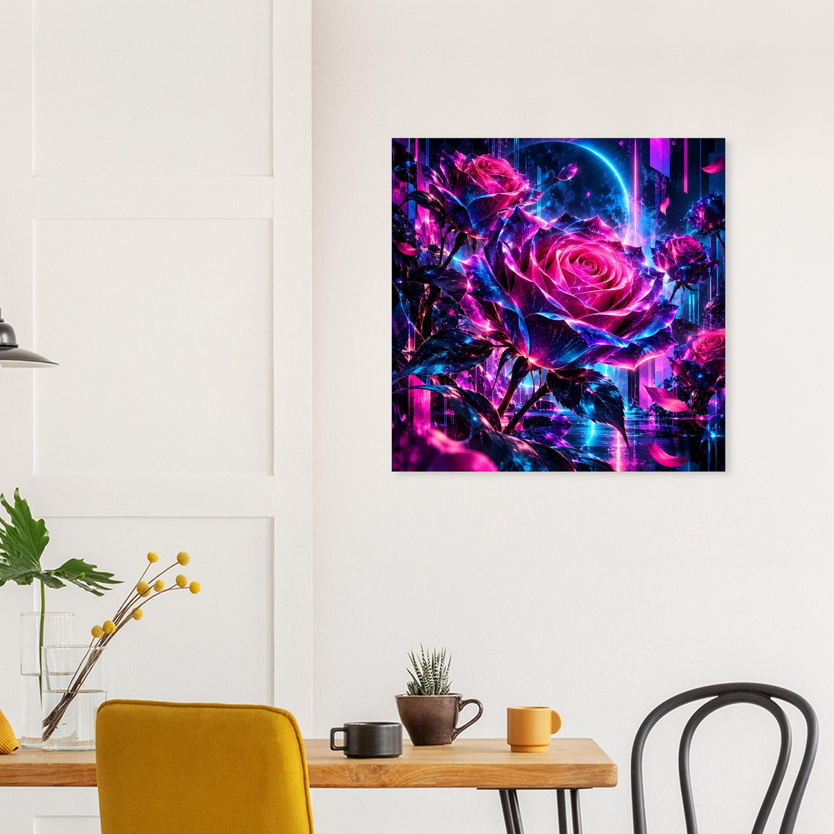 Quadratisches Kunstposter mit leuchtenden Neonrosen in Pink und Blau