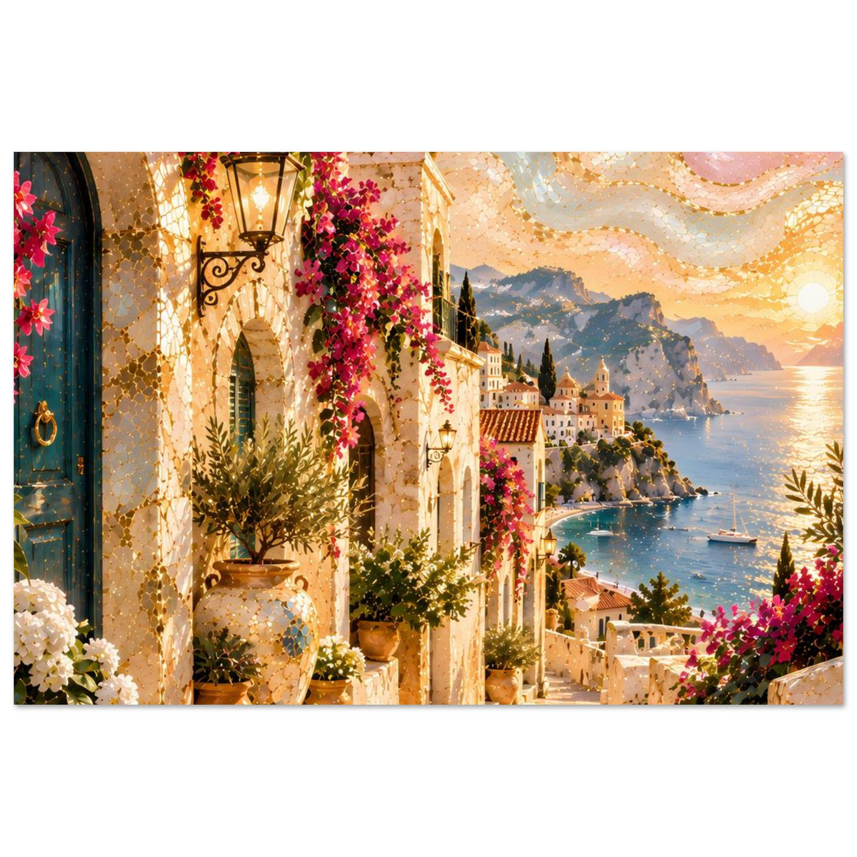 Poster mit Bildausschnitt: Laterne, pinke Blumenranken und mediterrane Häuser am Wasser