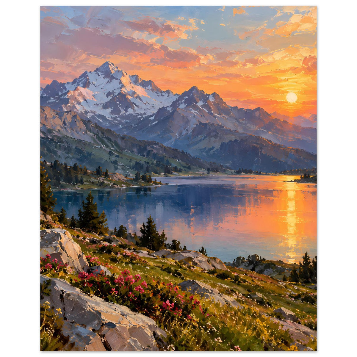 Poster mit Alpenlandschaft: hohe Berge, See und orange Wolken am Abend