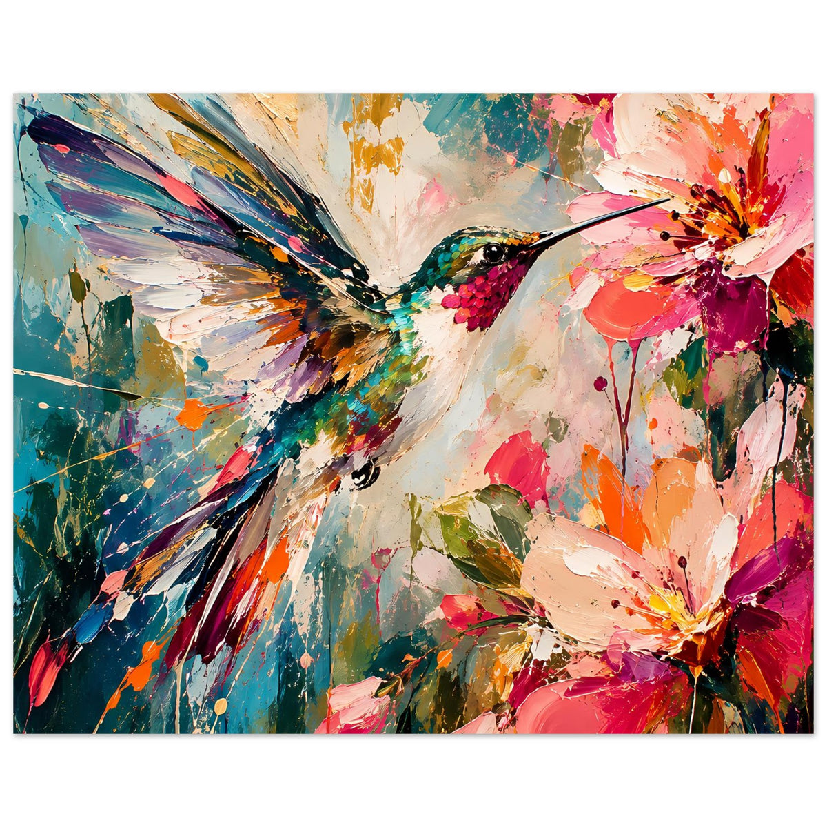 Horizontales Wandposter mit Kolibri und Blüten, abstrakte Farbspritzer, gerahmt
