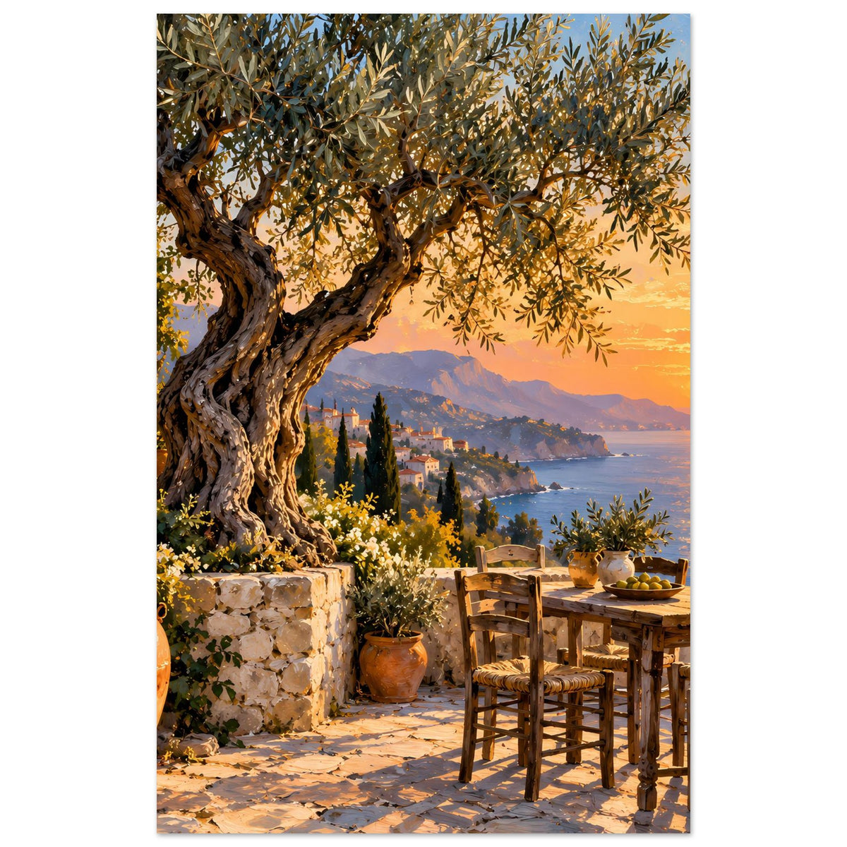 Vertikales Sonnenuntergangs-Poster mit Olivenbaum, Terrasse, Meer und Häusern am Ufer