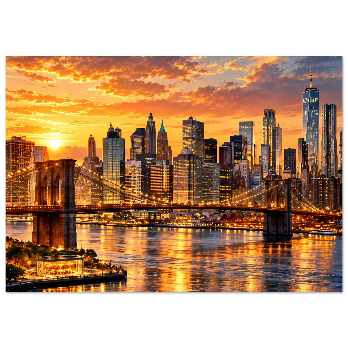 Stadtpanorama-Poster mit Skyline und Brücke bei Abendsonne, horizontal.