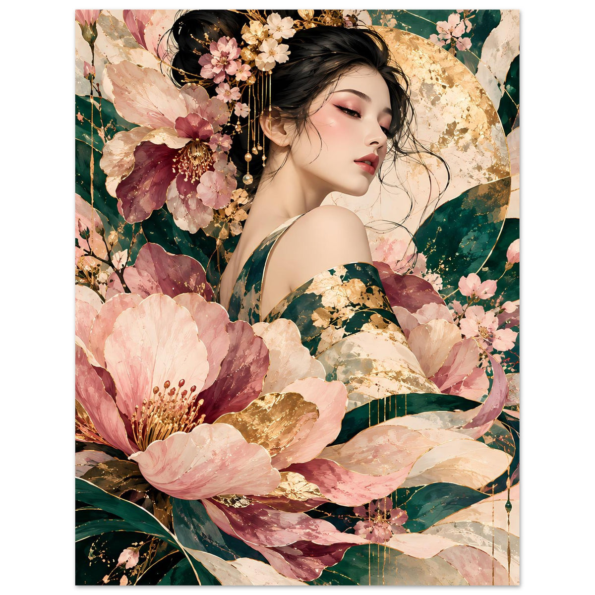 Elegantes florales Poster mit Frauenporträt, Blüten in Rosé, Grün und Gold