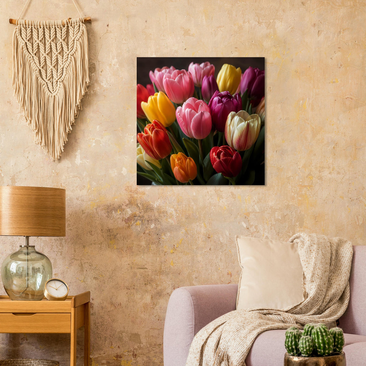 Quadratisches Poster mit Tulpenblüten in Pink-, Gelb-, Rot- und Cremetönen