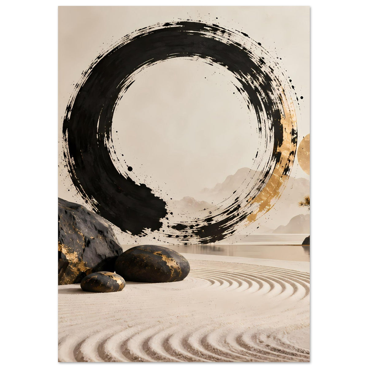 Minimalistische Tuschekunst mit schwarzem Enso-Kreis und goldener Mitte