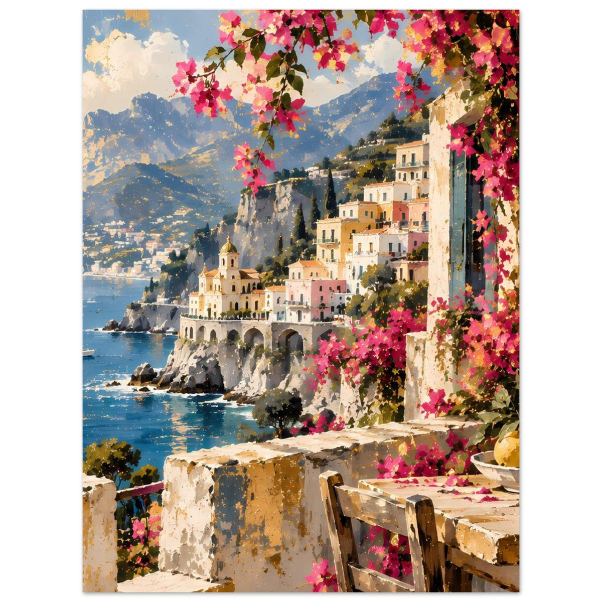 Mediterranes Küstenposter: farbenfrohe Blütenranken, Meerblick und helle Häuser am Felsen.