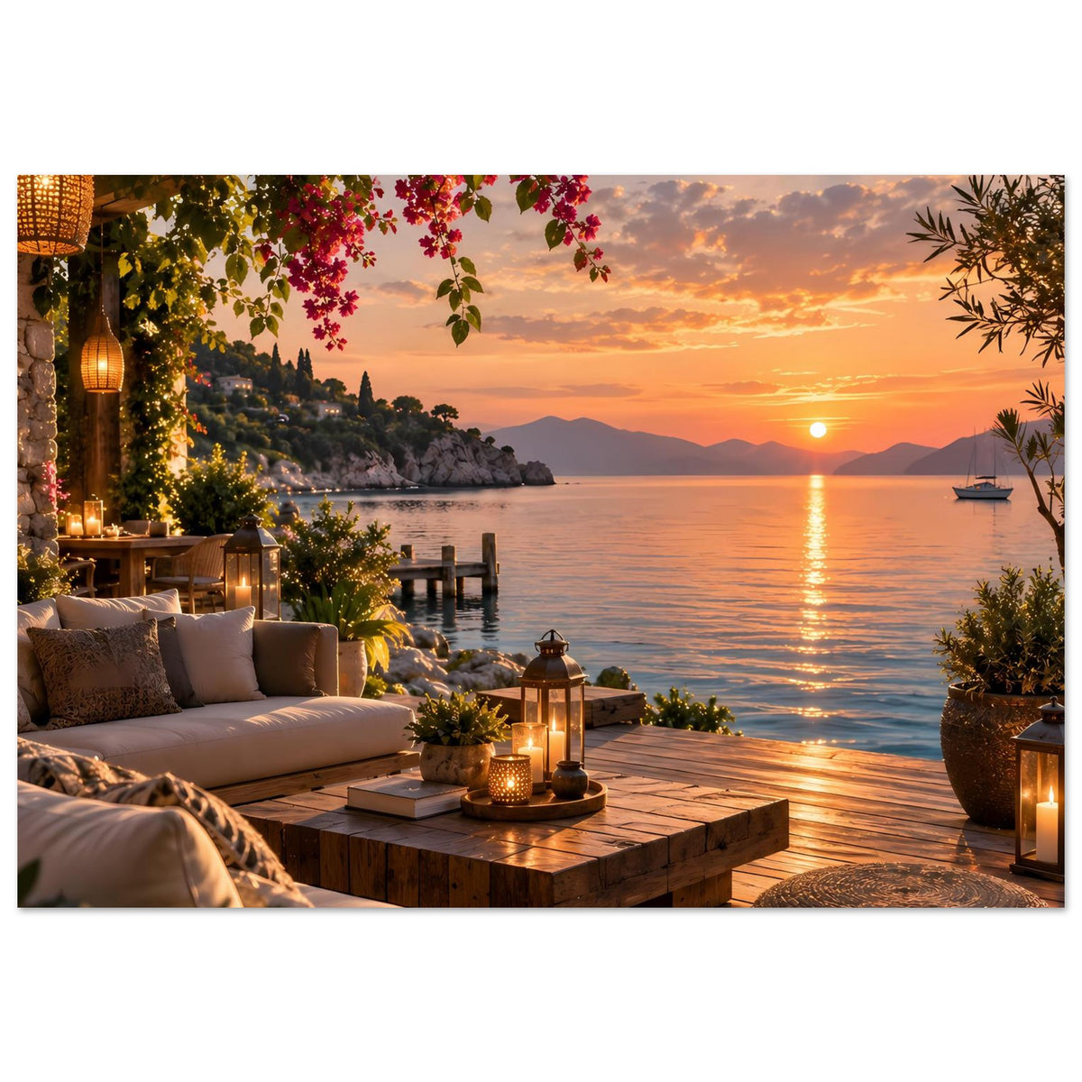 Küsten-Terrassenposter mit Sofa, Holztisch, Laternen und Bougainvillea am Abendmeer