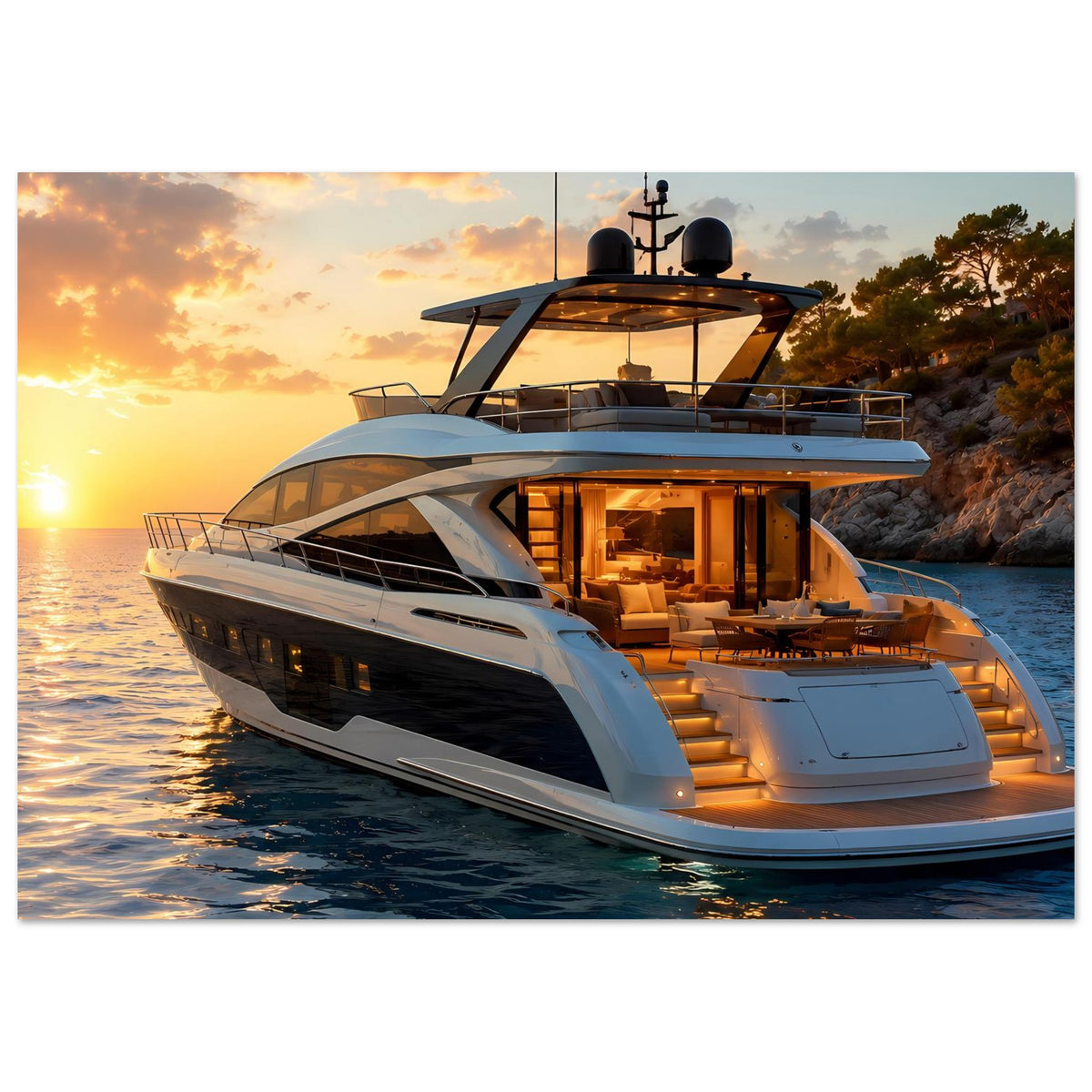 Poster: weiße Luxus-Motoryacht, beleuchtete Außenlounge auf dem Hauptdeck