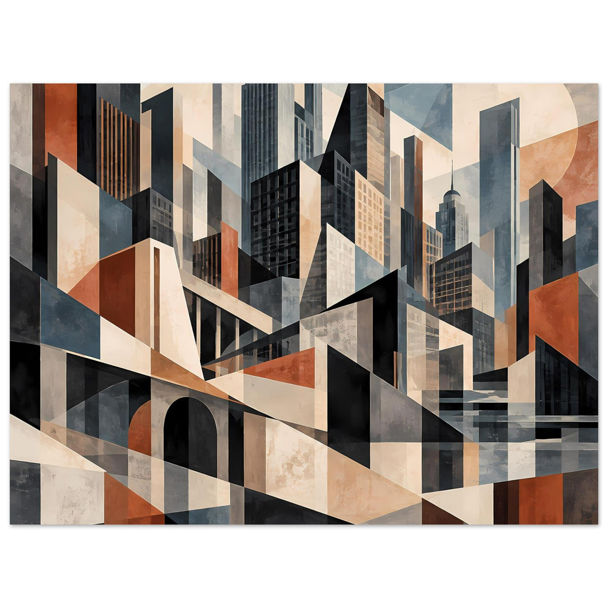 Architekturposter im Querformat: Stadtlandschaft aus Rechtecken in Blau und Braun