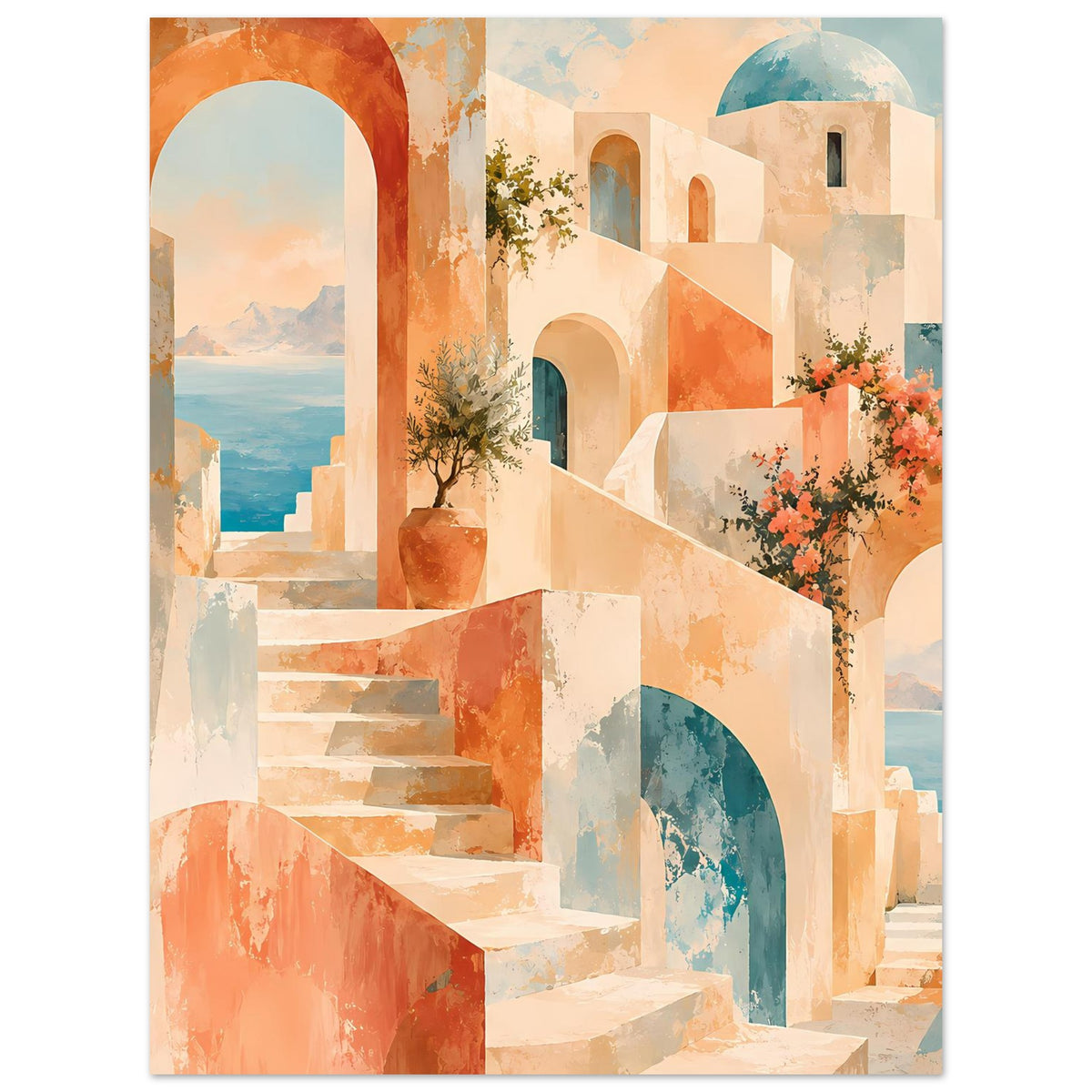 Mediterranes Poster mit mediterranen Fassaden, Treppe, offenen Bögen und blühenden Pflanzen
