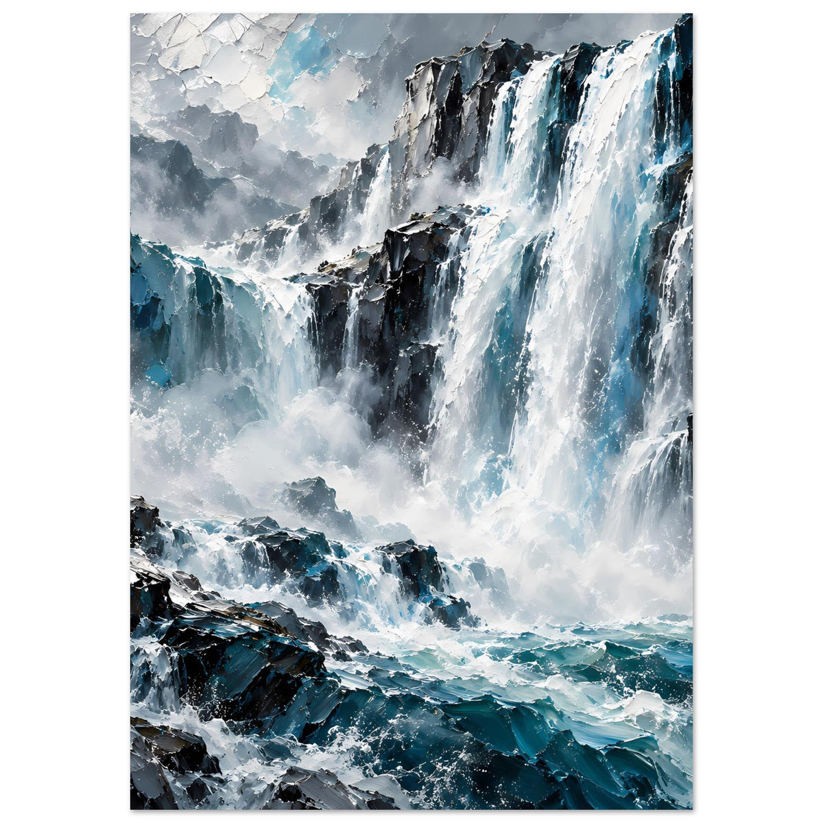 Vertikales Poster mit Wasserfall, grauen Wolken und türkisfarbenem Meer