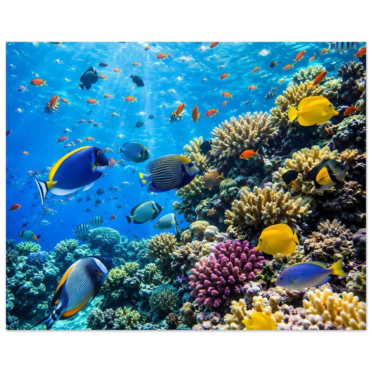 Korallenriff-Poster im Querformat: viele tropische Fische über bunten Korallen