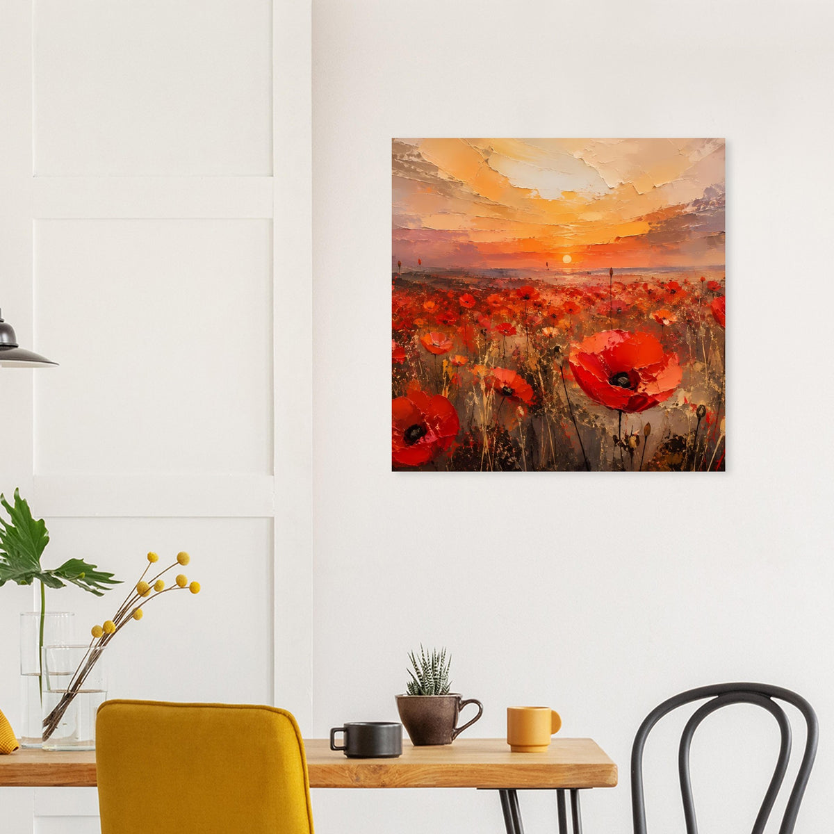 Quadratisches Wandposter mit Sonnenuntergang und roten Mohnblüten im Feld