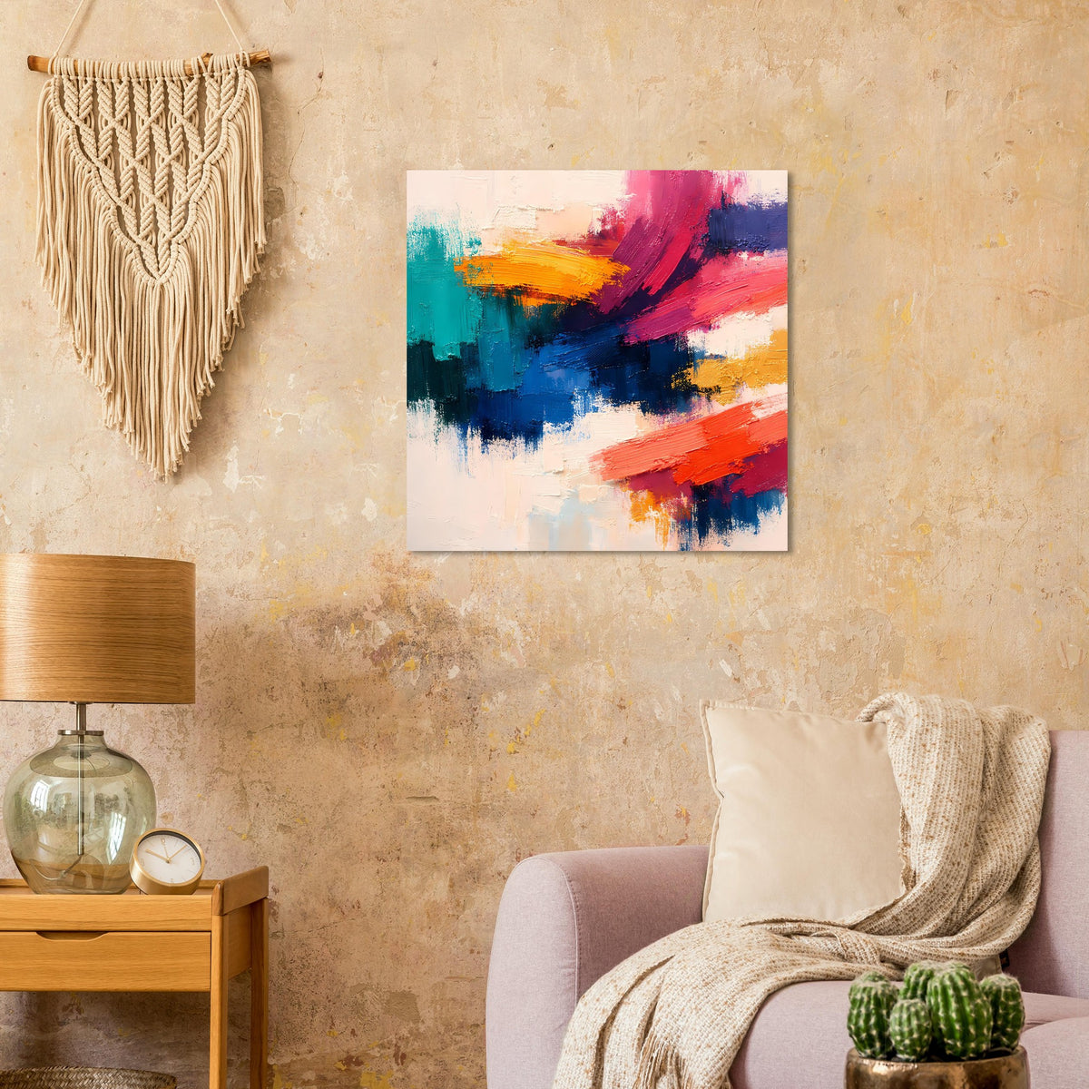 Abstraktes Expressionismus-Poster mit leuchtenden Pinselstrichen in Blau, Pink und Orange