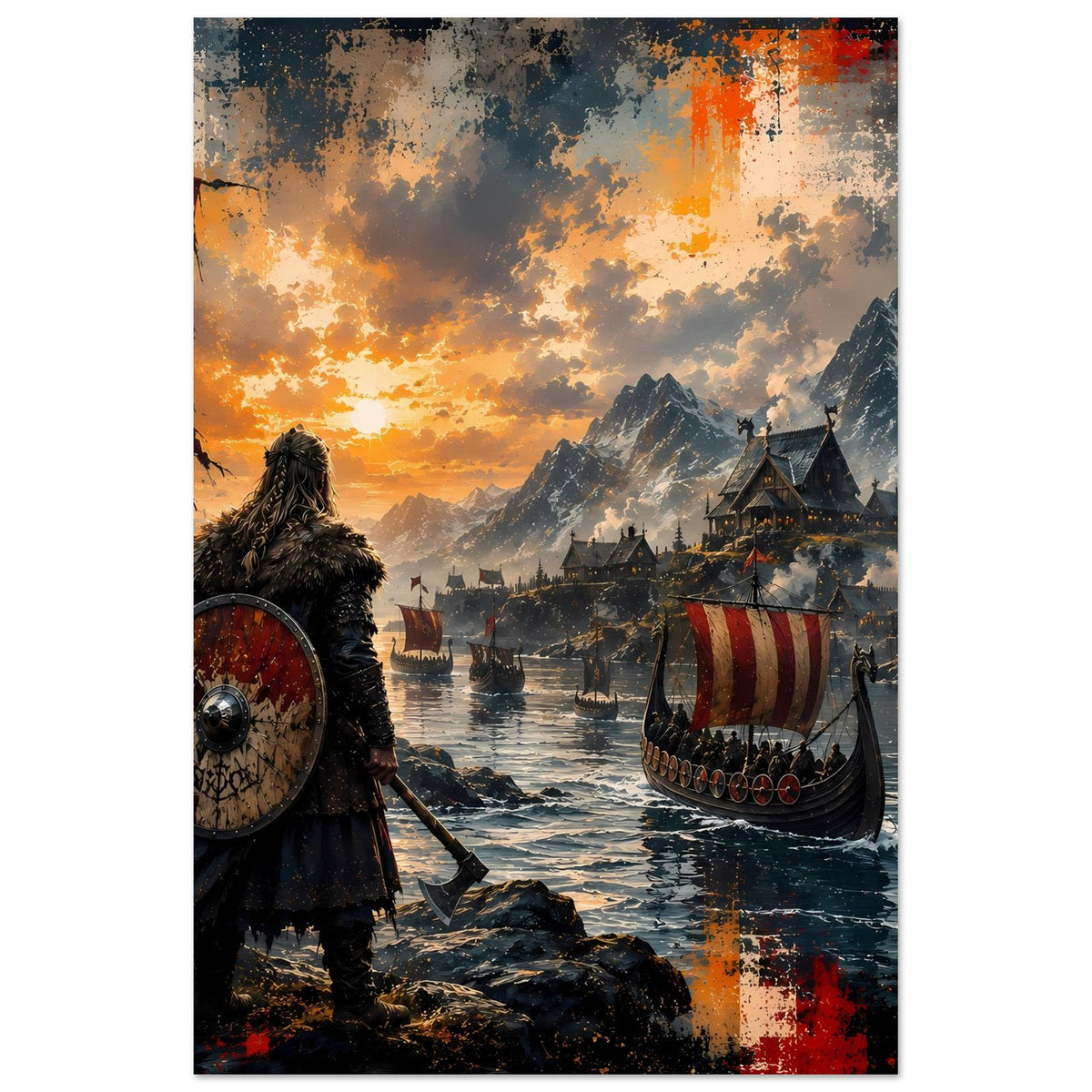 Wikinger-Saga-Poster mit Wikingerkrieger und Langschiff vor Bergkulisse im dramatischen Himmel