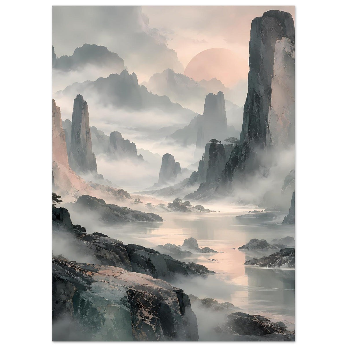 Hochformat-Poster mit mystischen Bergspitzen im Dunst und ruhiger Bucht