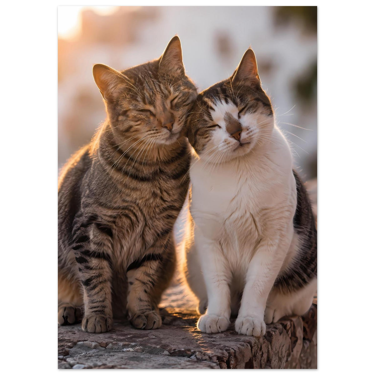Katzenposter mit zwei Katzen, graubraun und weiß, eingekuschelt, Blick nach vorn