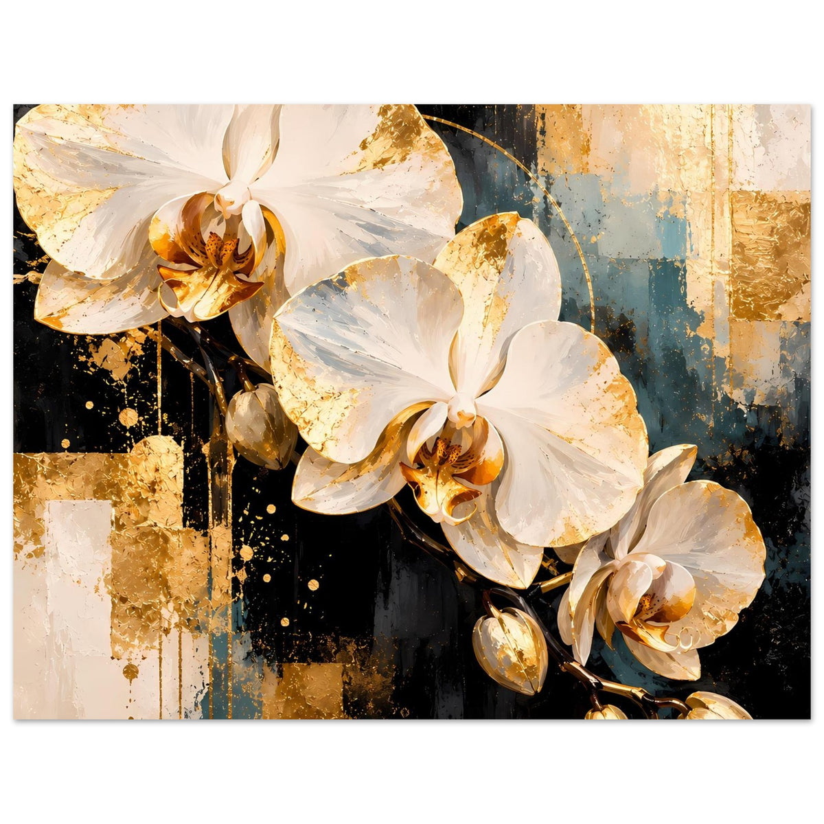 Poster mit weißen Orchideenblüten und goldenen Sprenkeln, goldene Ranke rechts im Bild