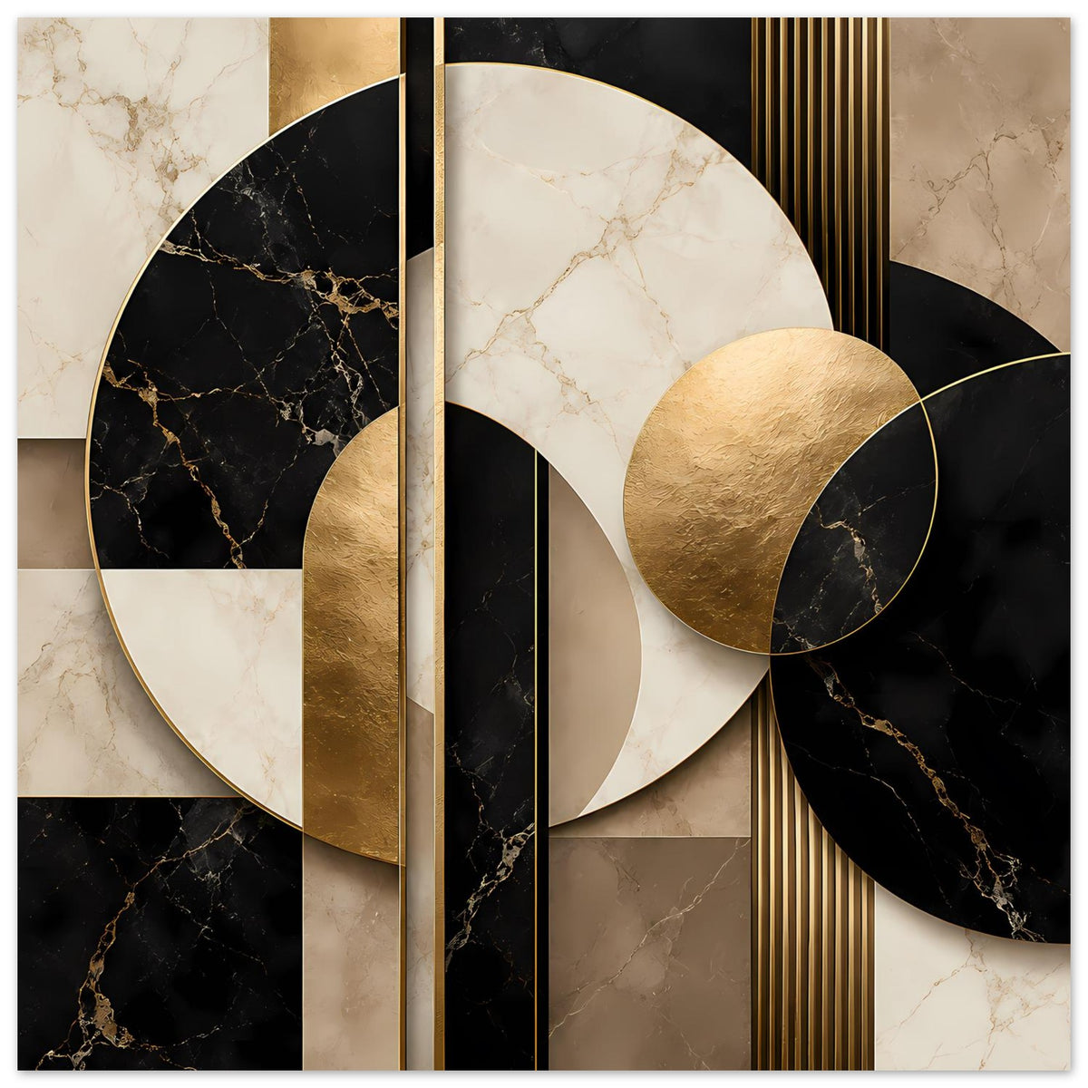 Geometrisches Marmor-Gold-Poster mit goldener Kreisfläche, schwarzem Halbkreis und vertikalen Streifen
