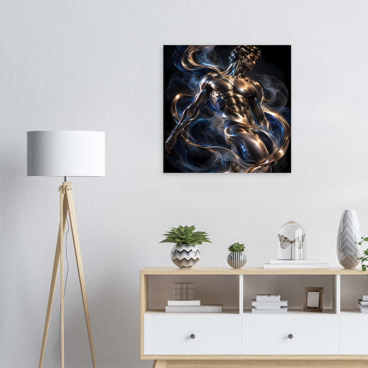 Quadratisches gerahmtes Poster mit abstrakter silbern-goldener Figur in blauem Wirbel