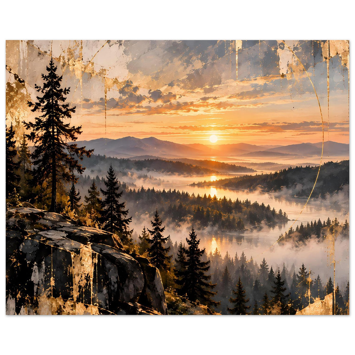 Querformat-Landschaftsposter mit Sonnenuntergang über Bergen, Tannen und Nebel, warme Farbakzente