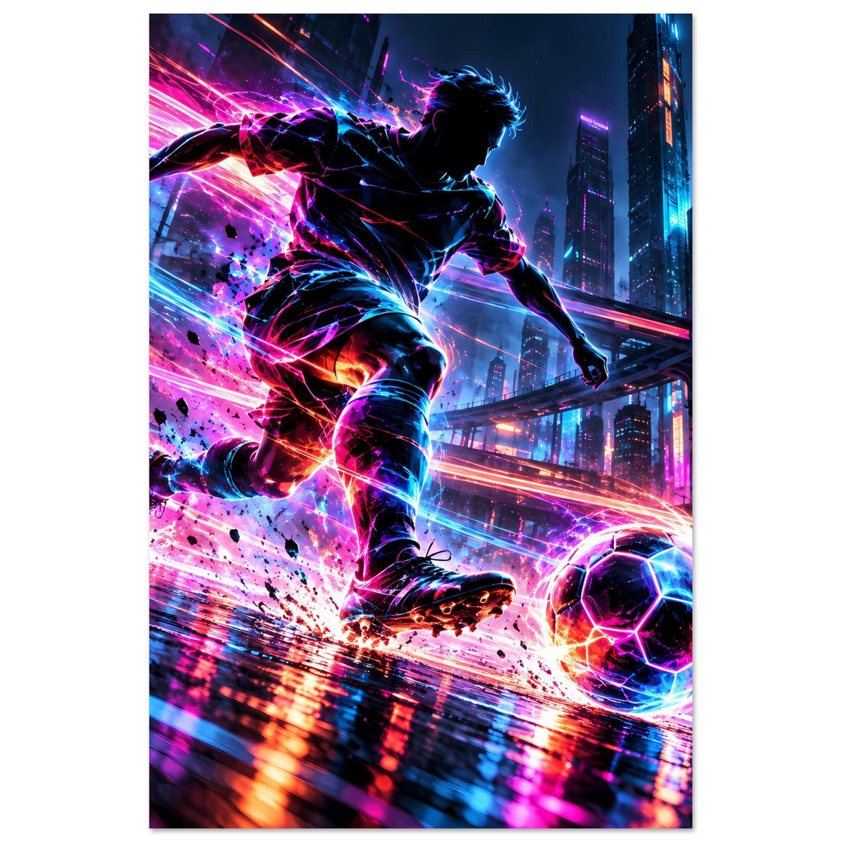 Neon-Soccer-Actionposter mit Fußballer, leuchtenden Lichtstreifen und buntem Ball