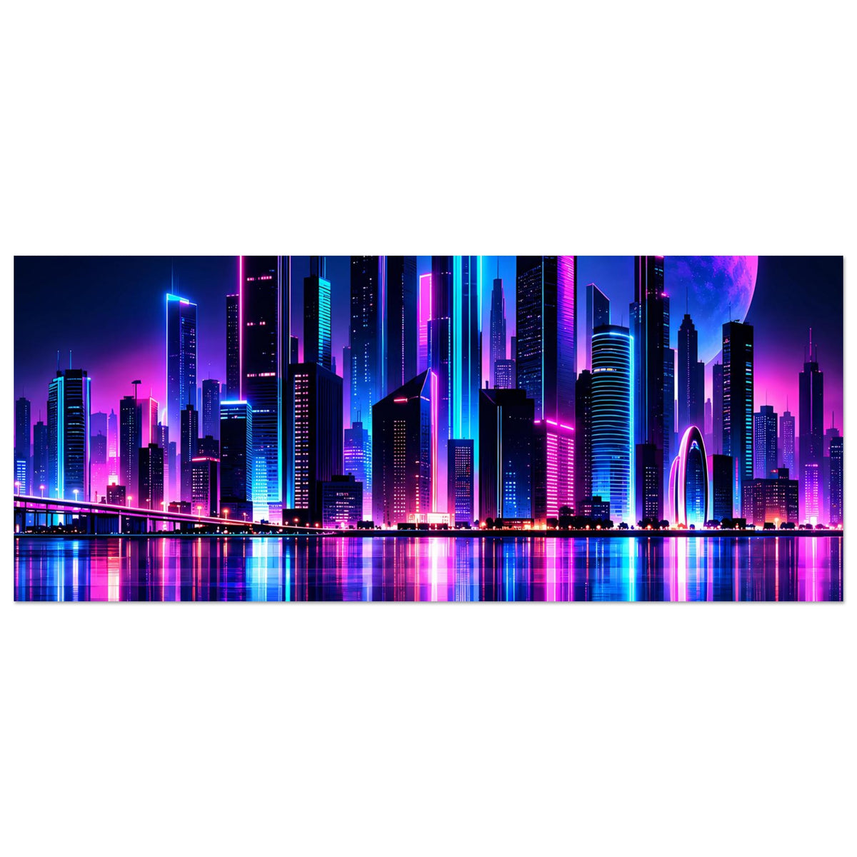 Neon-Stadtlandschaft Poster, horizontaler Ausschnitt: Skyline mit bunten Lichtstreifen und Spiegelung