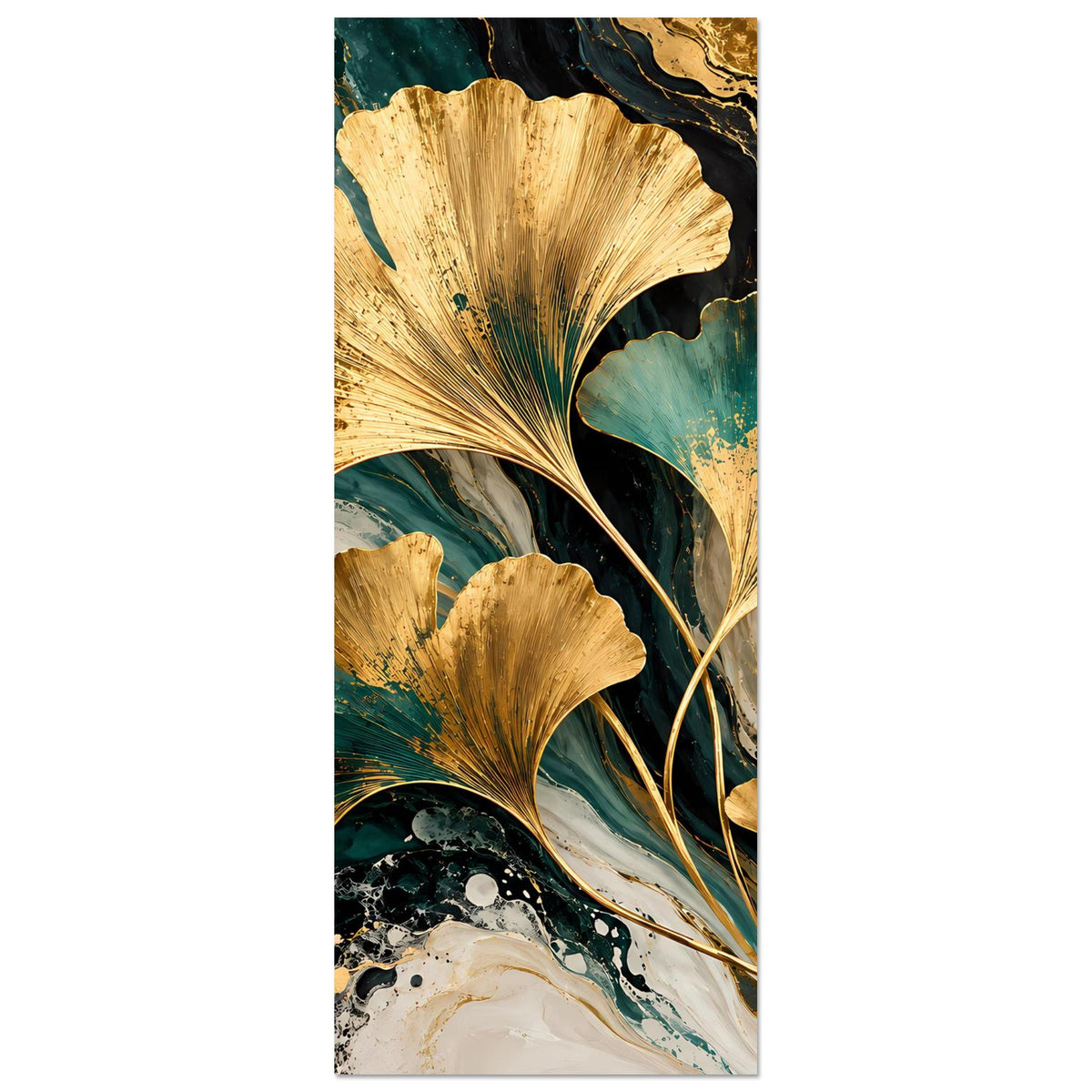 Naturposter im Hochformat mit goldenen Ginkgo-Blättern und türkisgrün-beigem Marmor-Muster