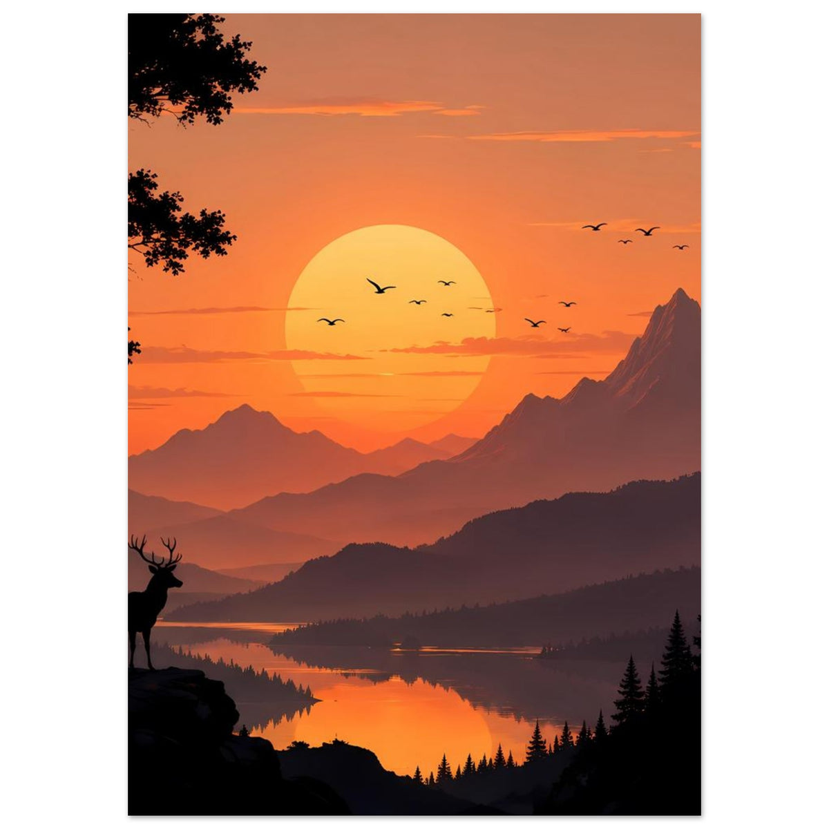 Landschaftsposter (Hochformat): Sonnenuntergang über Berge und See, Vögel und Hirsch